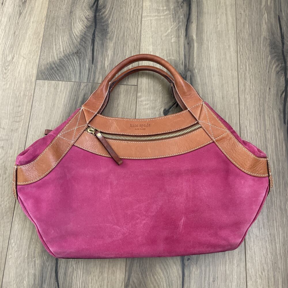 Kate Spade Bag Vintage Pink Suede Brown Leather Top Handle Tote Purse Designer